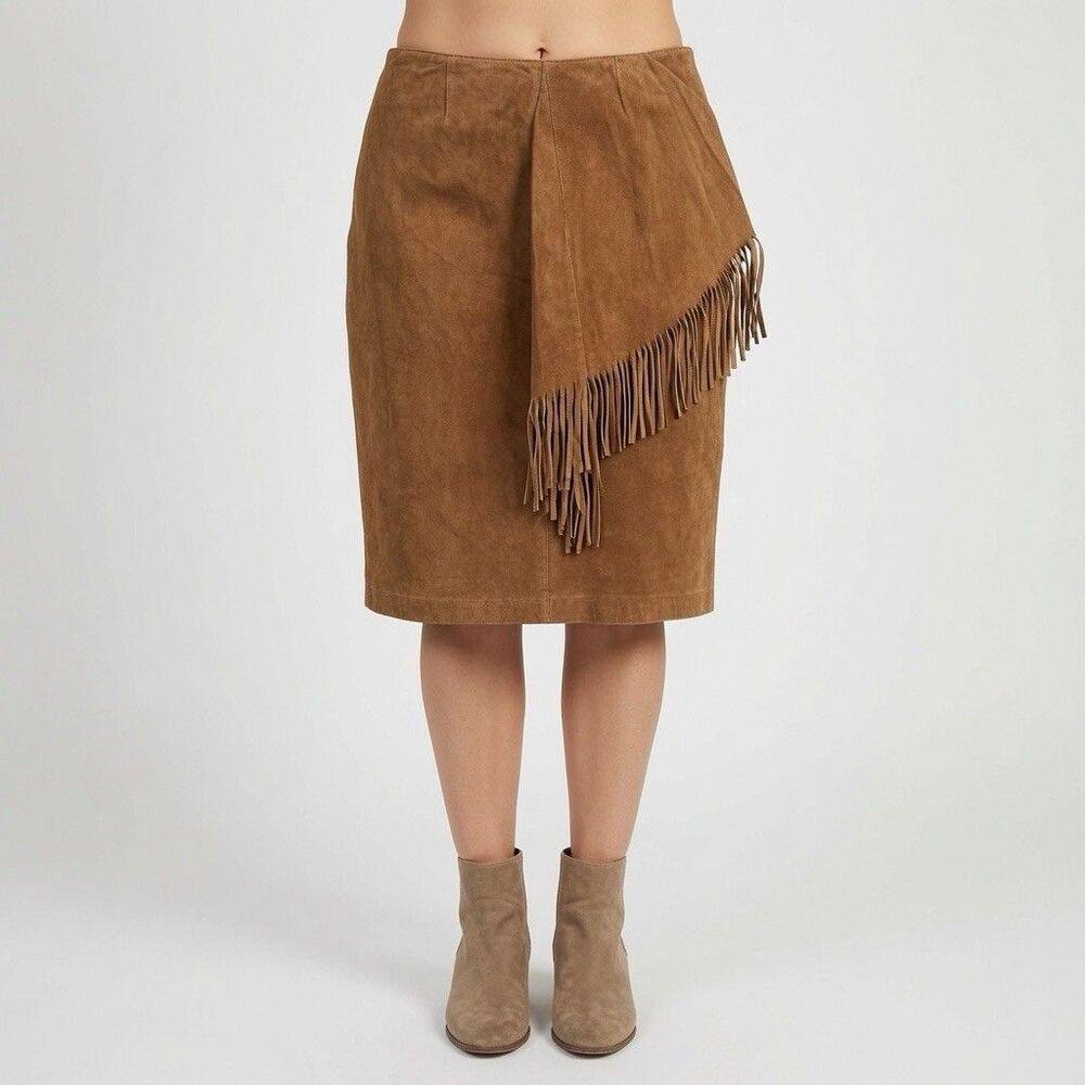 Tan Leather Fringe Asymmetrical Leather Skirt Sz 14 Boho Western Midi Pencil Vtg